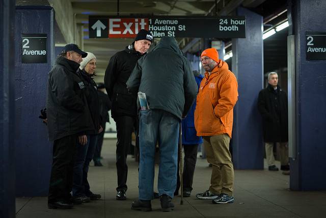 Mayor Bill de Blasio joins New York City HRA Commissioner Steven Banks, NYCEM Commissioner Joseph J. Esposito and outreach workers on Sunday, February 14, 2016 at the 2nd Avenue &amp; Houston Street subway station where they participated in homeless outreach